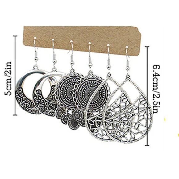 NEW WITH TAGS 3 PAIR Silver Tone Boho Earrings French Hook - Picture 2 of 3